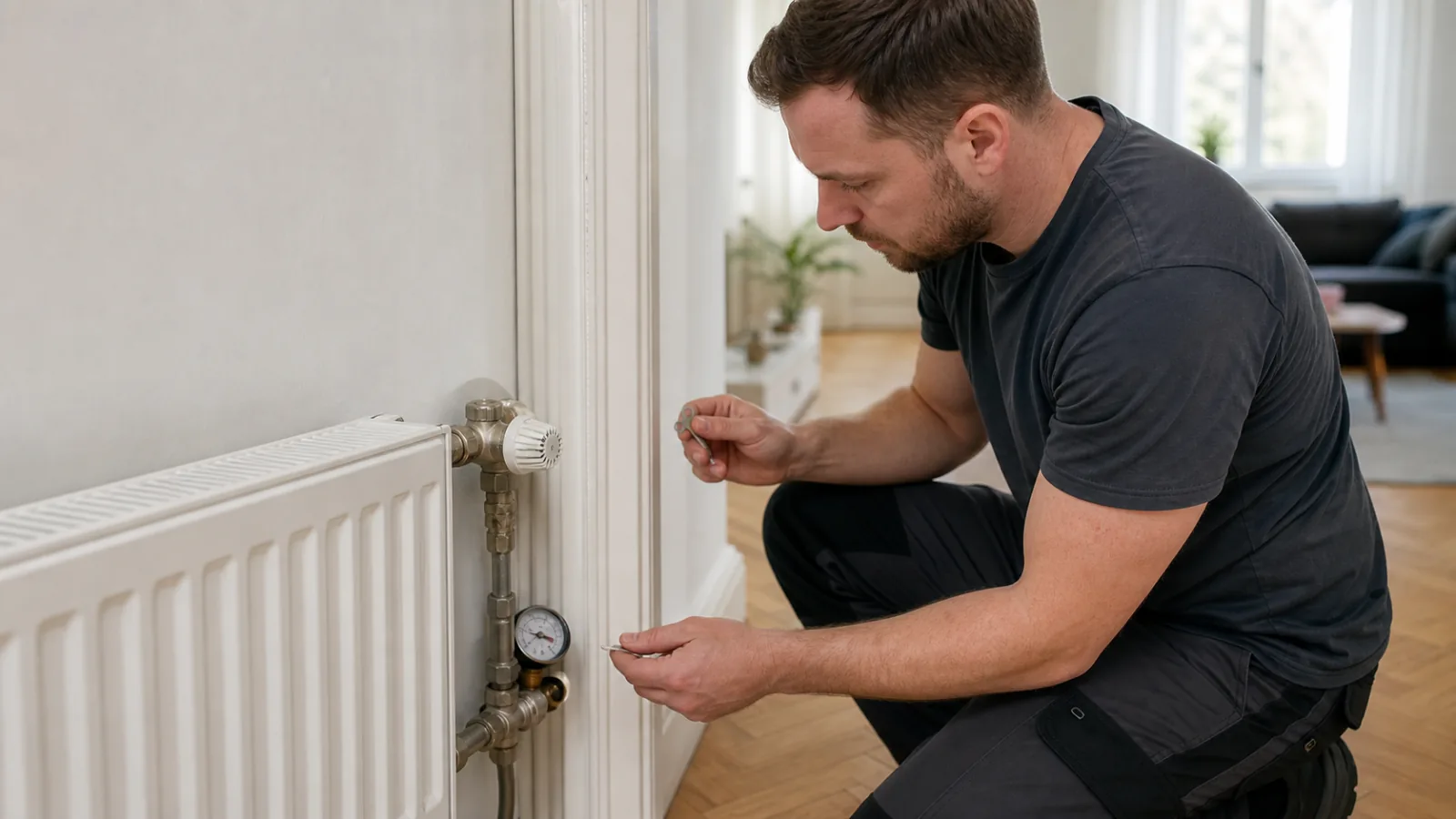 Servicetechniker in neutraler Arbeitskleidung prüft einen Heizkörper und ein Thermostatventil in einer Altbauwohnung; im Hintergrund ein kleiner Werkzeugkoffer und ein Manometer am Heizkreis, realistische Innenaufnahme ohne Logos und ohne Text