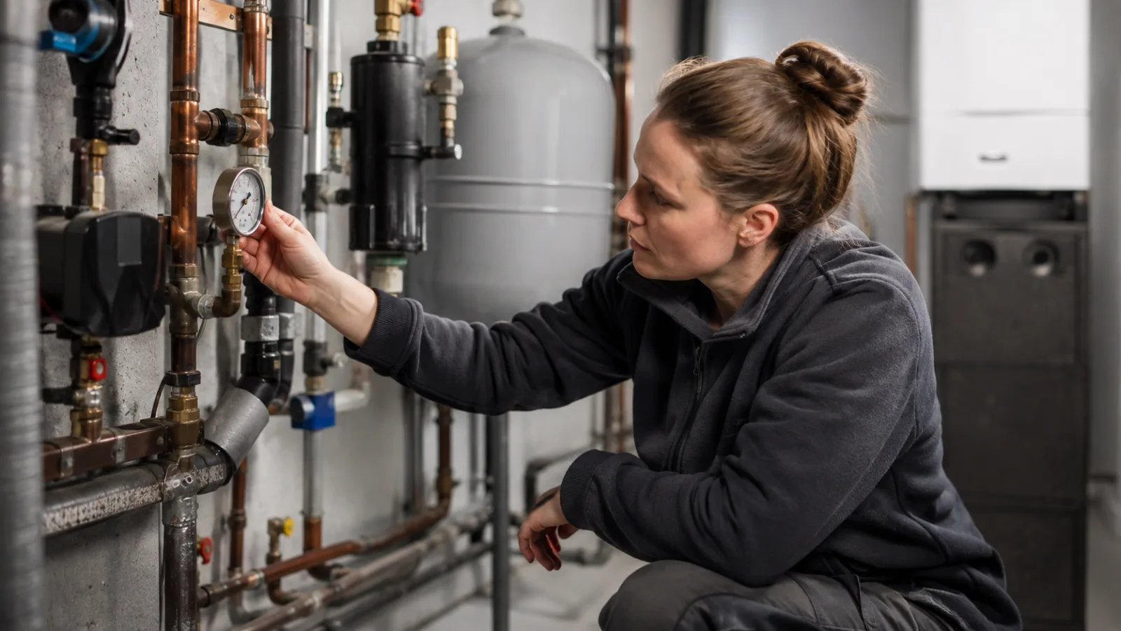 Servicetechniker prüft Manometer und Rohrleitungen einer Heizungsanlage wegen wiederkehrender Luftgeräusche