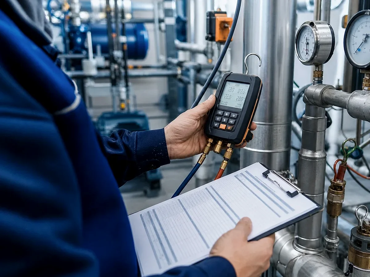 Servicetechniker misst in einem Heizungstechnikraum an Rohrleitungen und Manometern den Anlagenzustand nach einem Pumpentausch, realistische Innenaufnahme ohne Logos oder Text