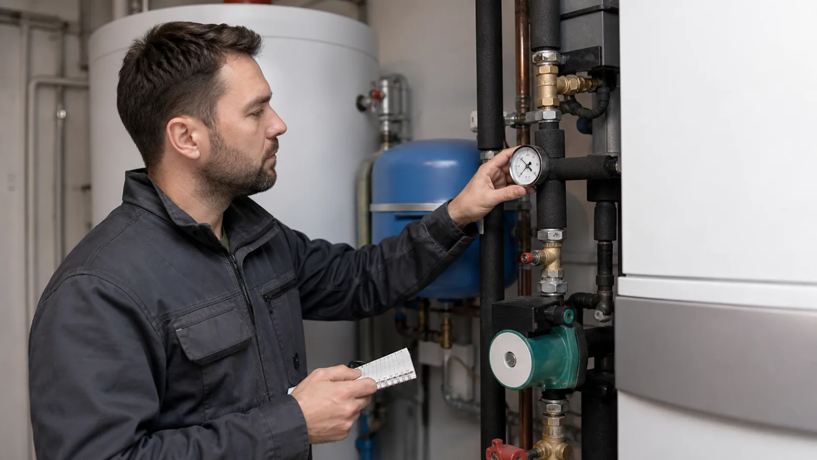 Servicetechniker in neutraler Arbeitskleidung kontrolliert ein Manometer an einer Heizungsanlage in einem Technikraum; im Vordergrund Rohrleitungen mit Absperrventilen, realistische Innenaufnahme ohne Logos und ohne Text
