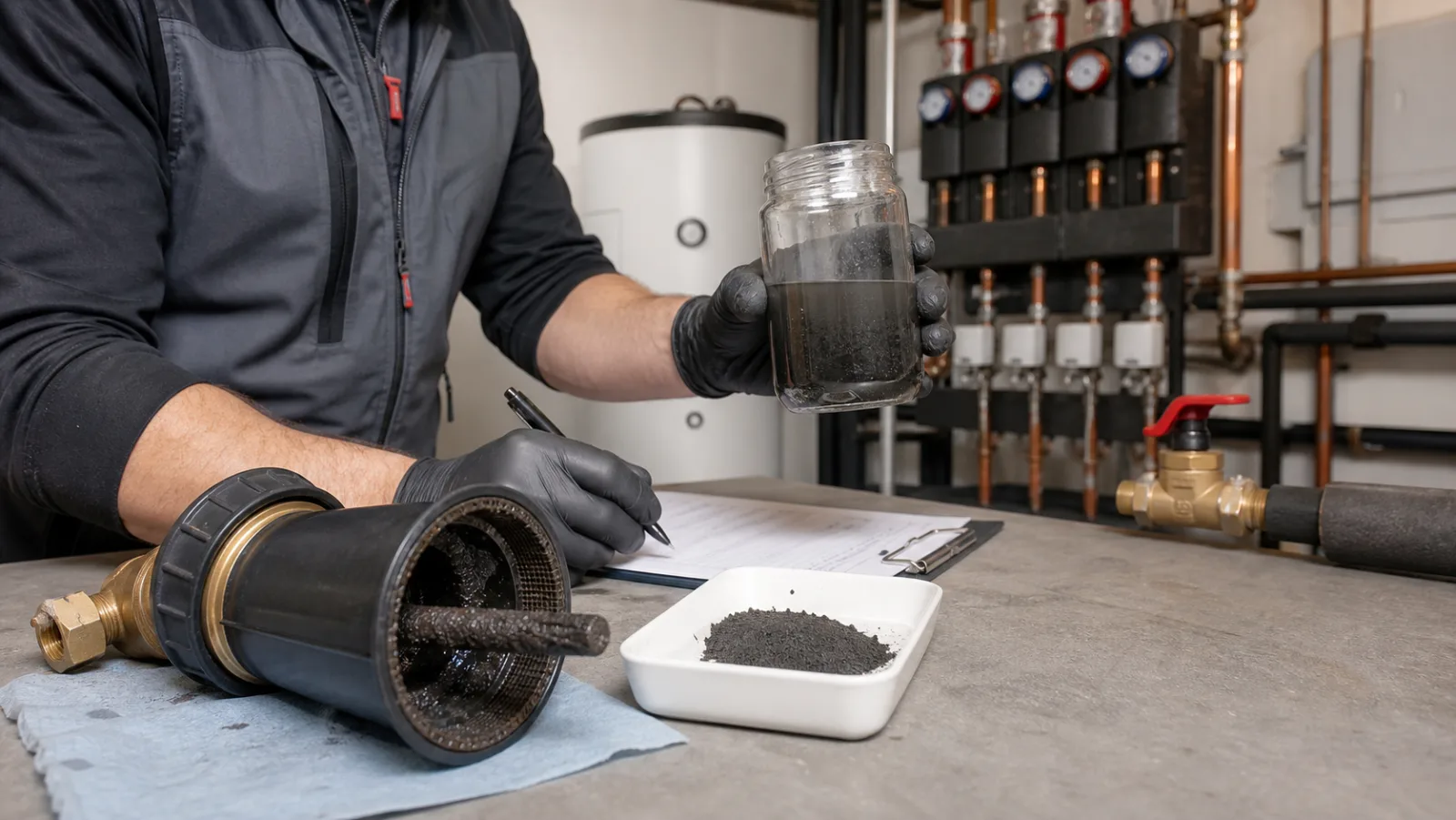 Heizungstechniker vergleicht eine Probe mit schwarzem Heizungswasser und Ablagerungen aus einem magnetischen Schlammabscheider