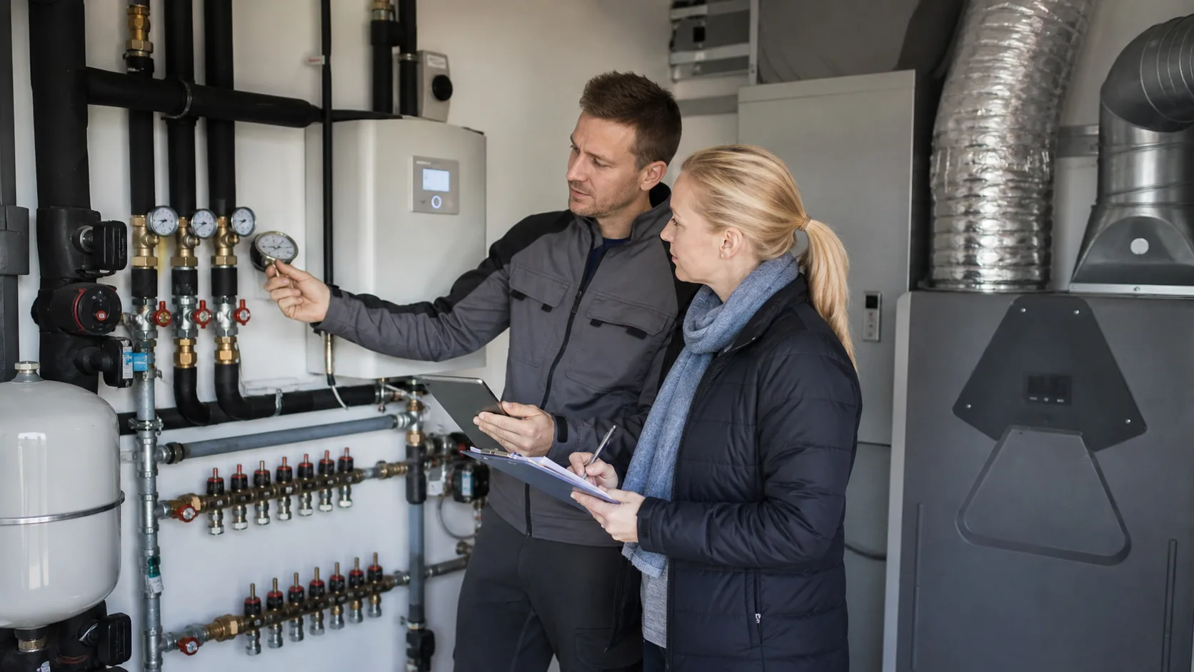 Haustechniker und Verwalterin pruefen in einem Technikraum Heizungsverteiler, Lueftungskanal und Anlagenwerte, realistische Servicefotografie ohne Logos und ohne lesbaren Text