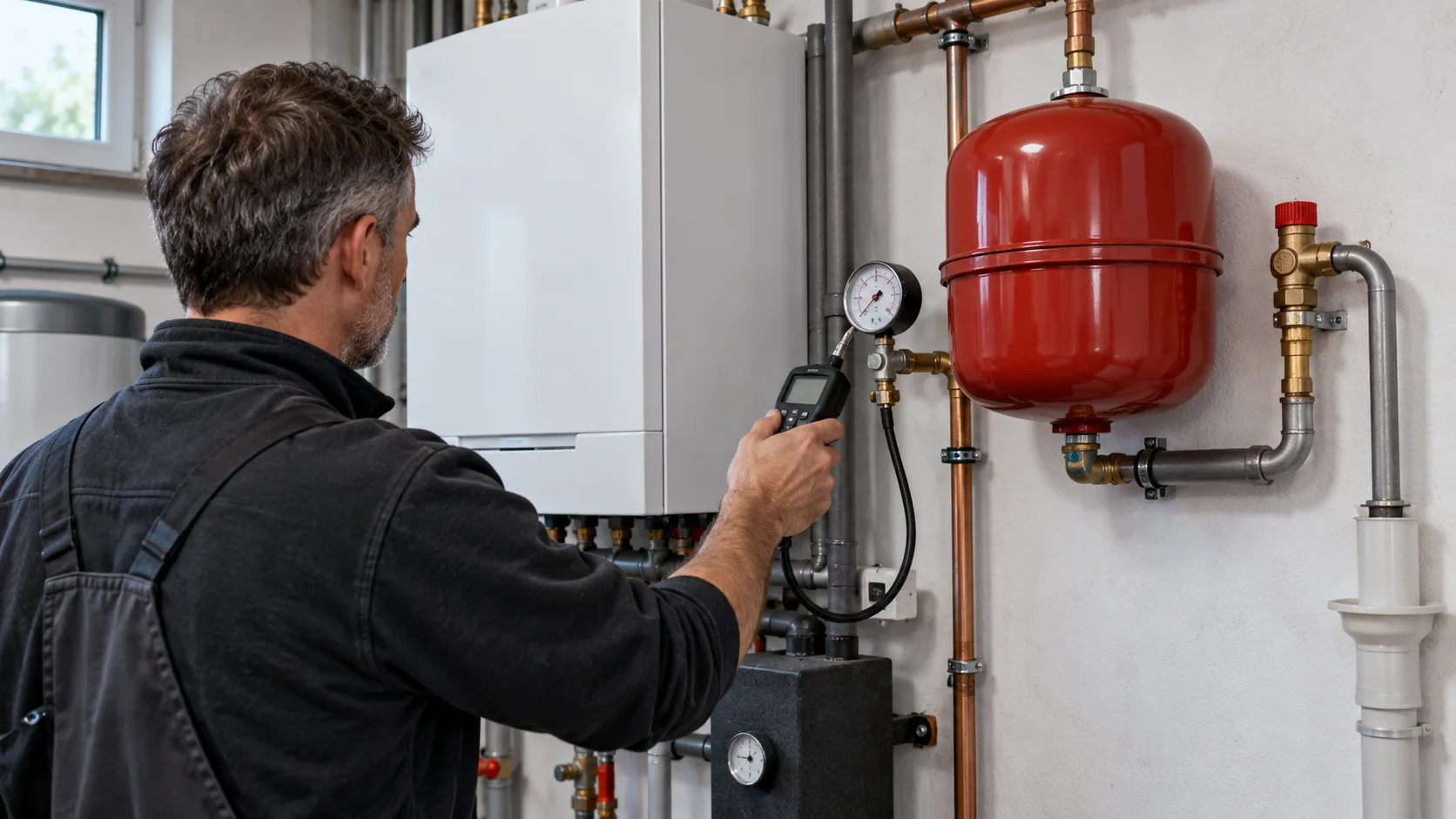 Techniker prüft in einem Heizungsraum Manometer, Ausdehnungsgefäß und Ablaufleitung eines Sicherheitsventils
