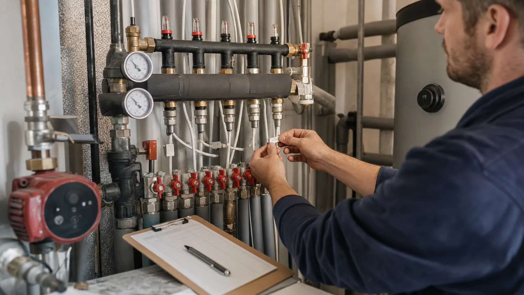Haustechniker beschriftet Ventile und Messpunkte in einem bestehenden Technikraum mit Heizungsverteiler, Manometern und Wartungsklemmbrett, realistische Servicefotografie ohne Logos und ohne lesbaren Text
