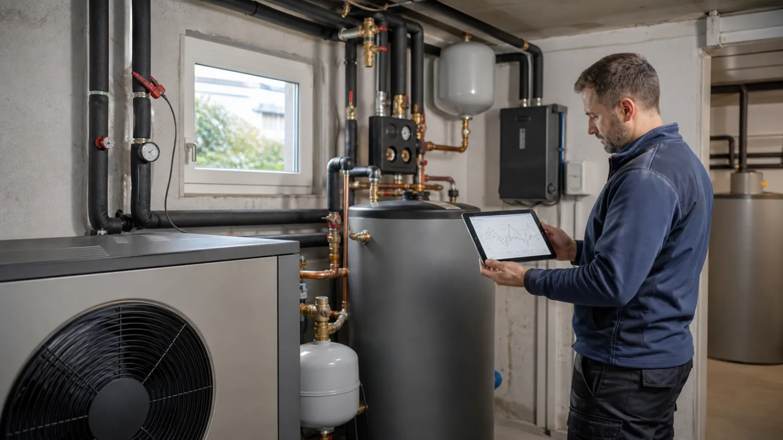 Servicetechniker wertet in einem Technikraum Betriebsverläufe einer Wärmepumpe mit Pufferspeicher und Heizungsleitungen aus