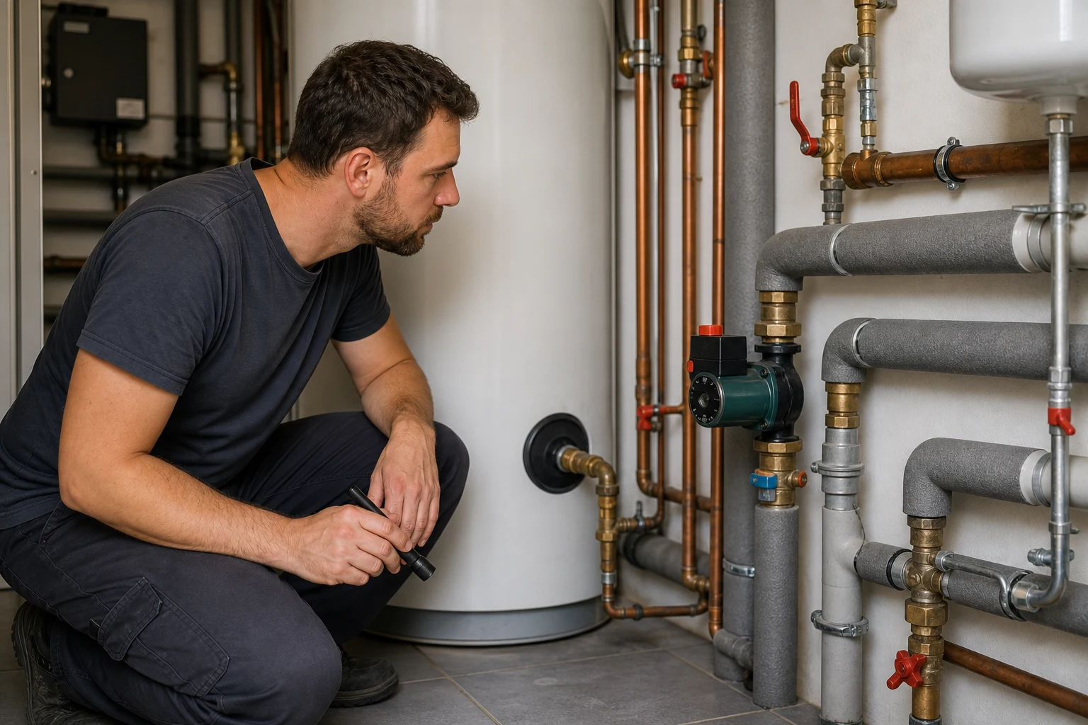 Servicetechniker prueft in einem Wohnhaus-Technikraum eine Warmwasser-Zirkulationspumpe, isolierte Leitungen und einen Speicherbereich; realistische Innenaufnahme ohne Logos oder Text