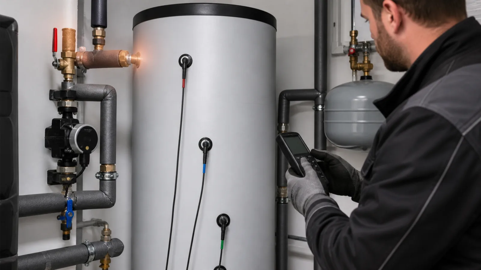 Haustechniker vergleicht drei Temperaturmesspunkte an einem Warmwasserspeicher mit Ladepumpe