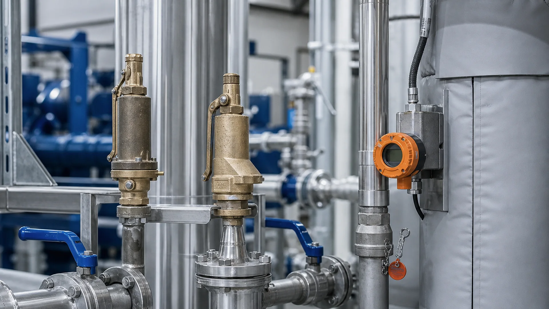 moderner Technikraum mit Leitungen, Verteiler, Messgerät und gut zugaenglicher Wartungszone